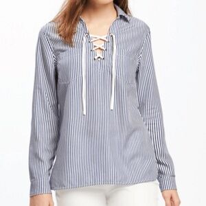 Old Navy | Blue and White Striped Shirt Tunic with Tie Detail | Size M